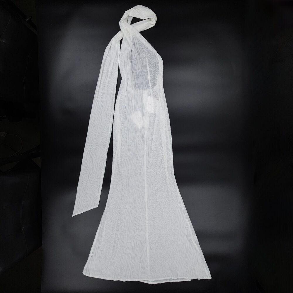 NWT Miss Circle Oleena Burnout Velvet Mesh Halter Neck Maxi Dress Sheer White